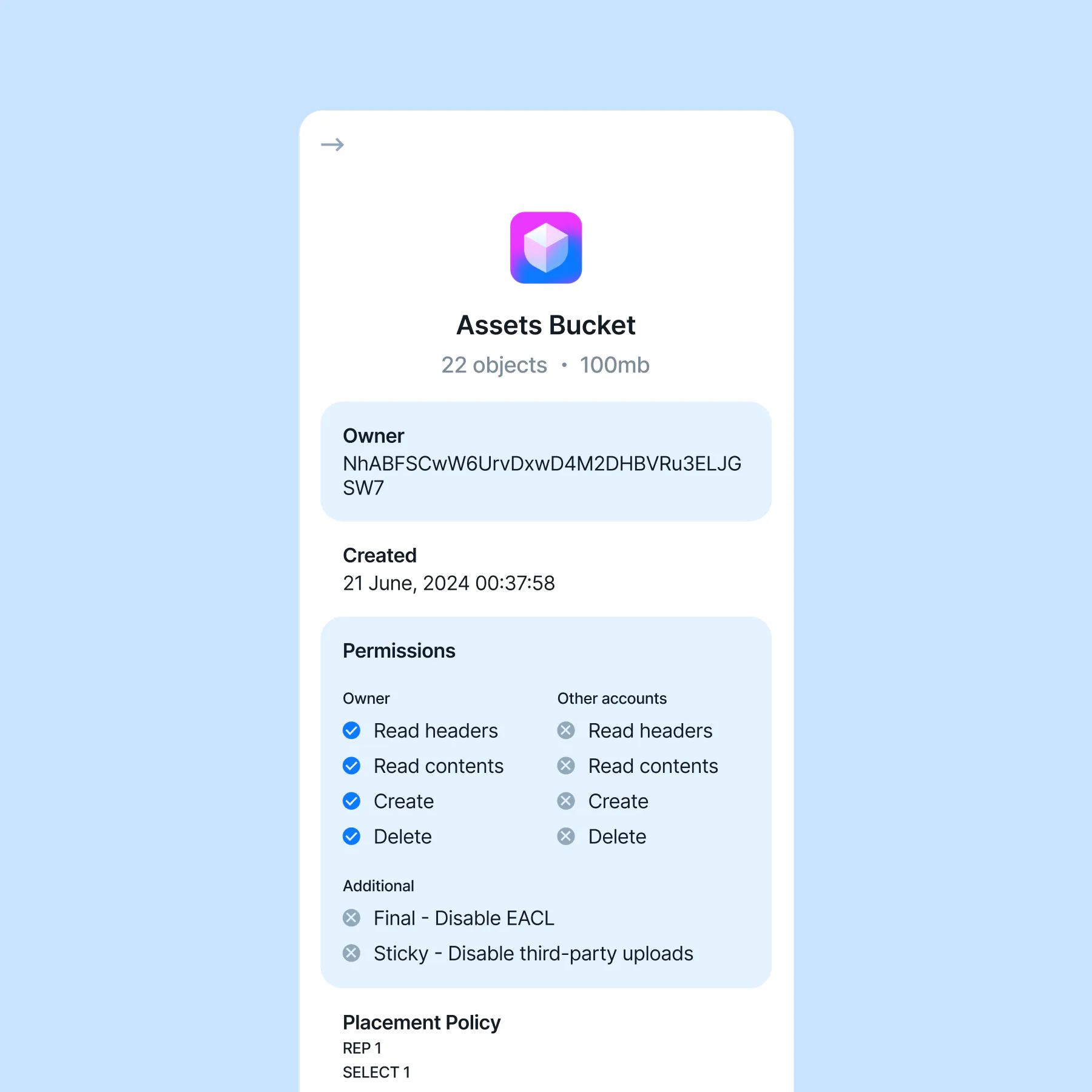 Bucket detail with permissions and placement policy