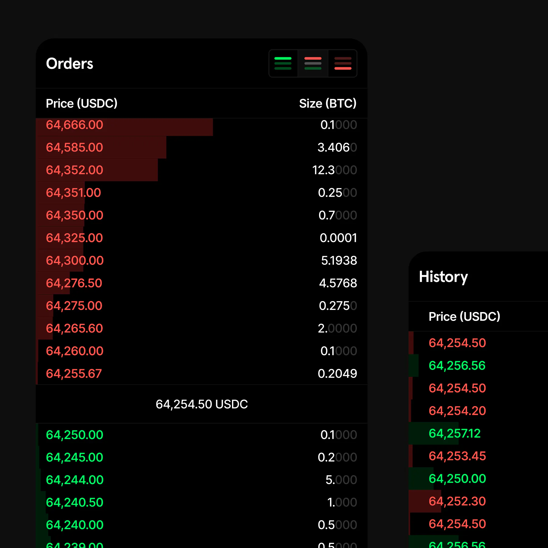 The order book with live depth