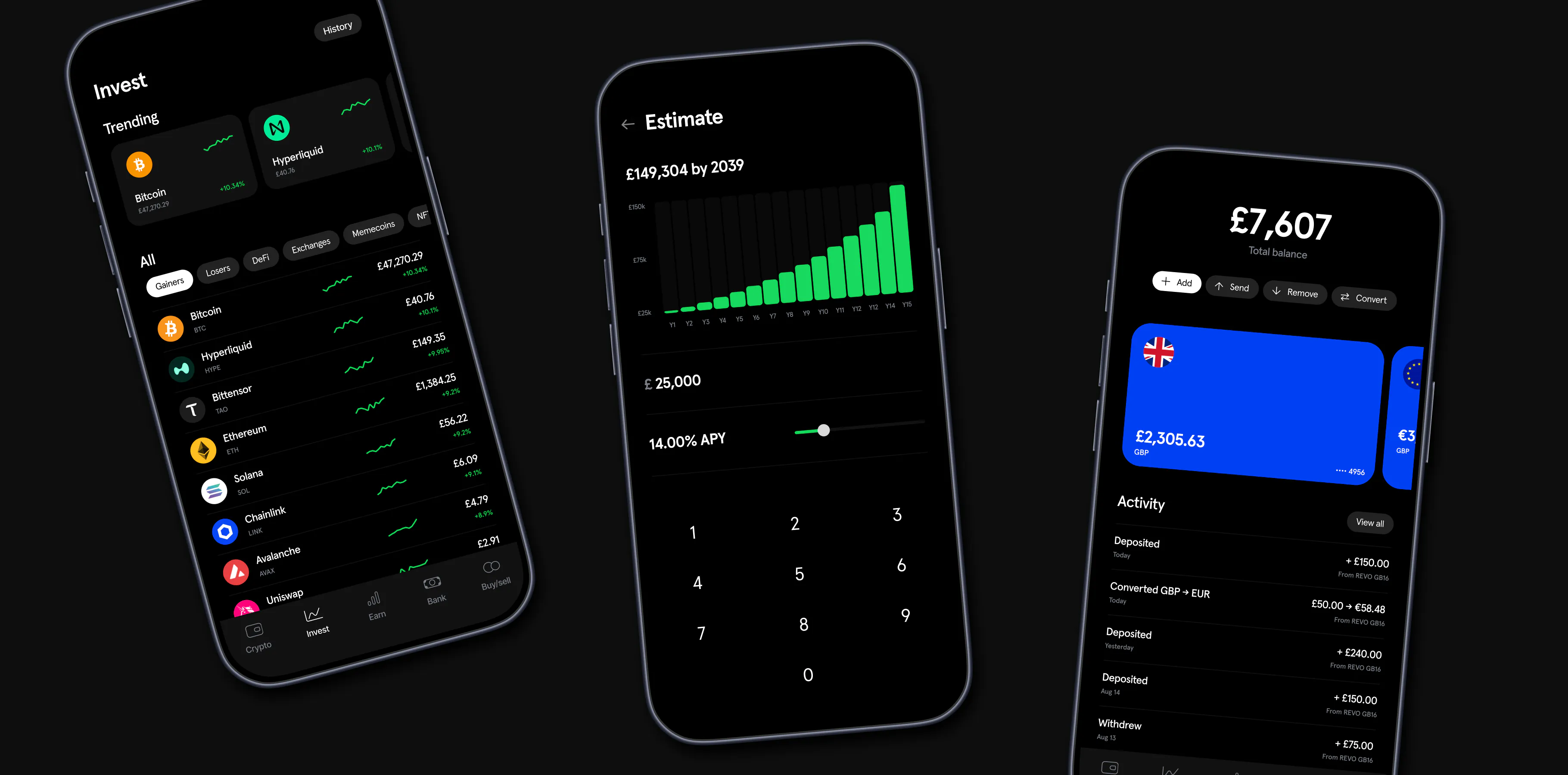 Nash app screens showing balances, prices and trading