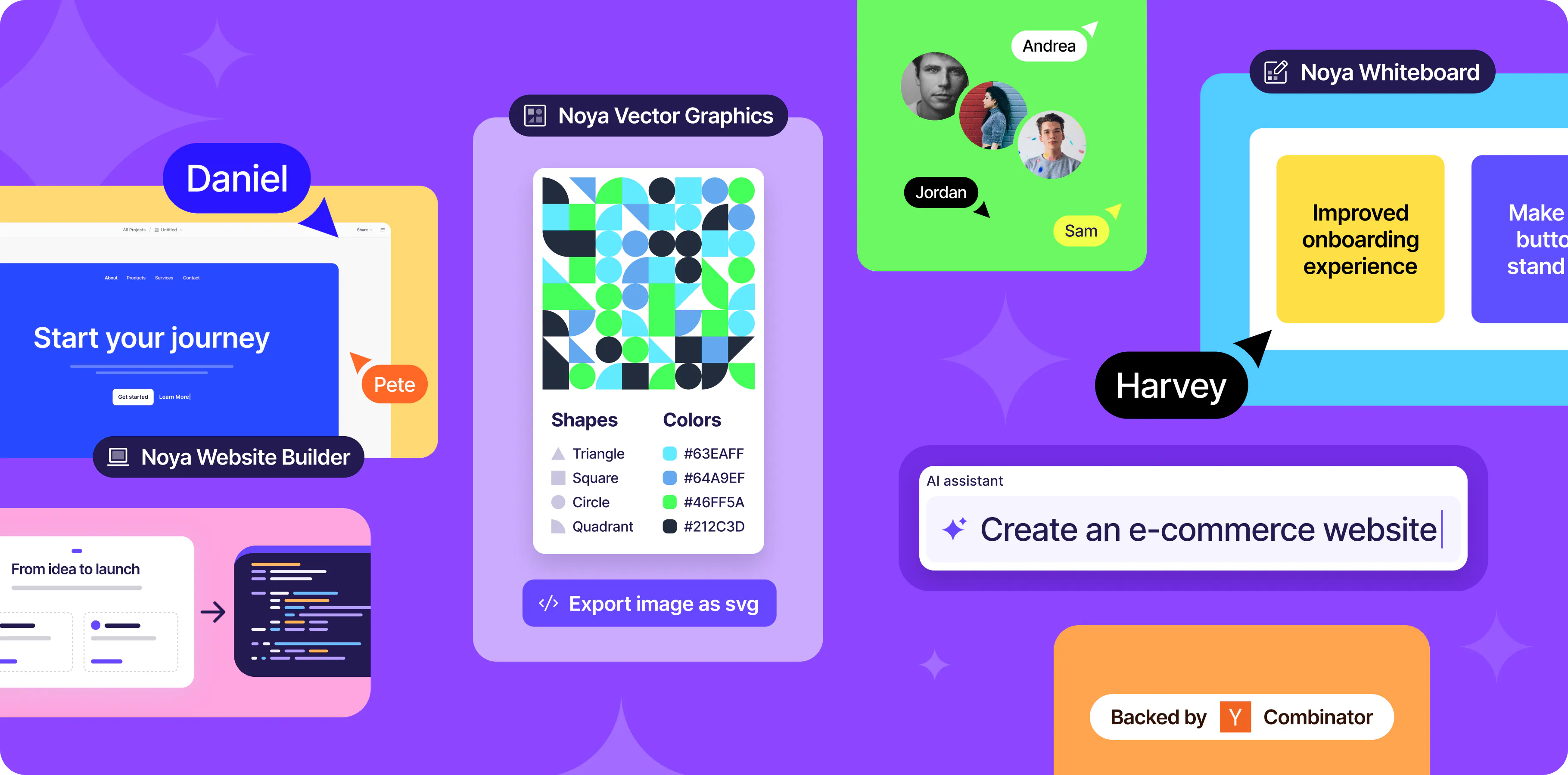 Noya's connected creative tools laid out across a purple canvas