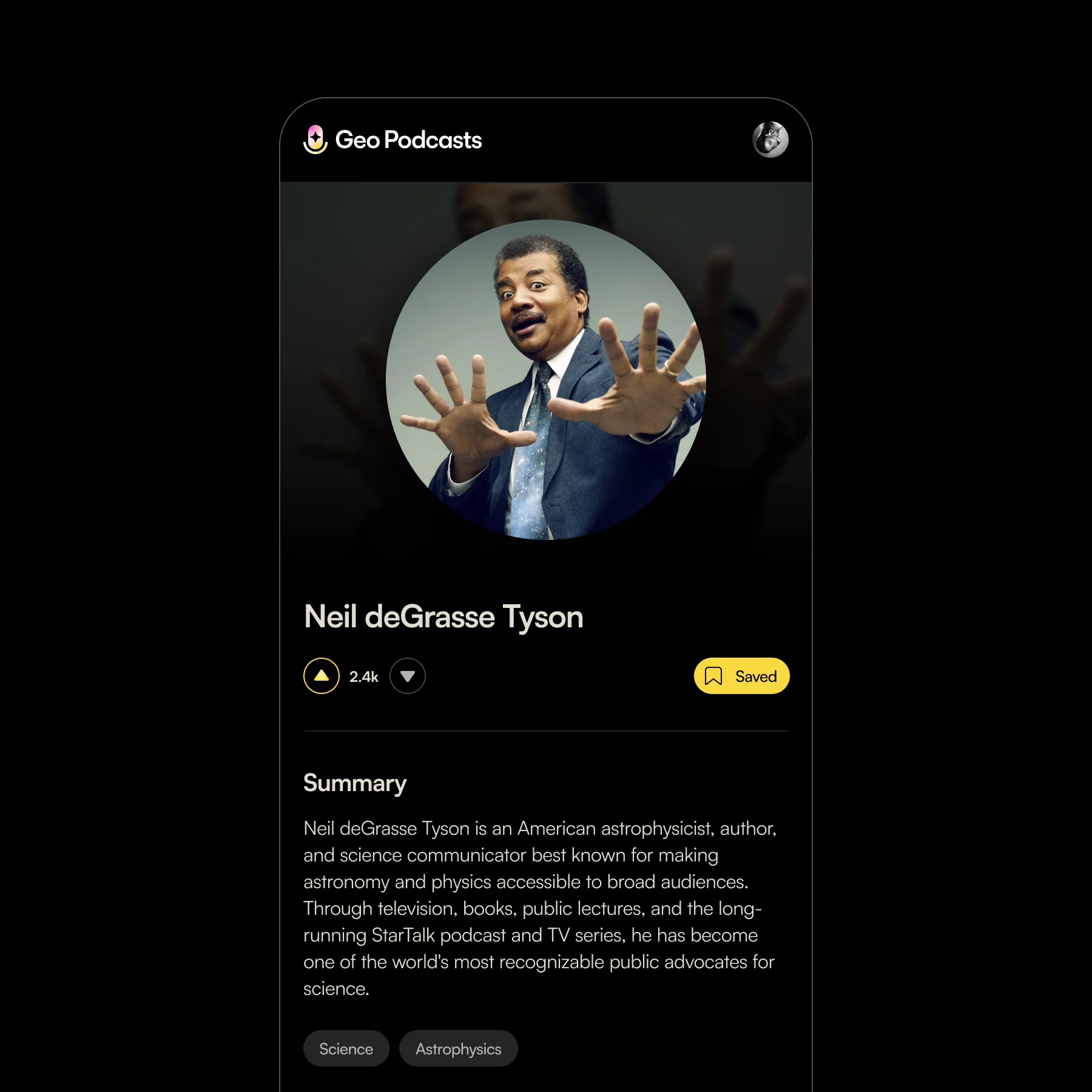 A guest profile for Neil deGrasse Tyson