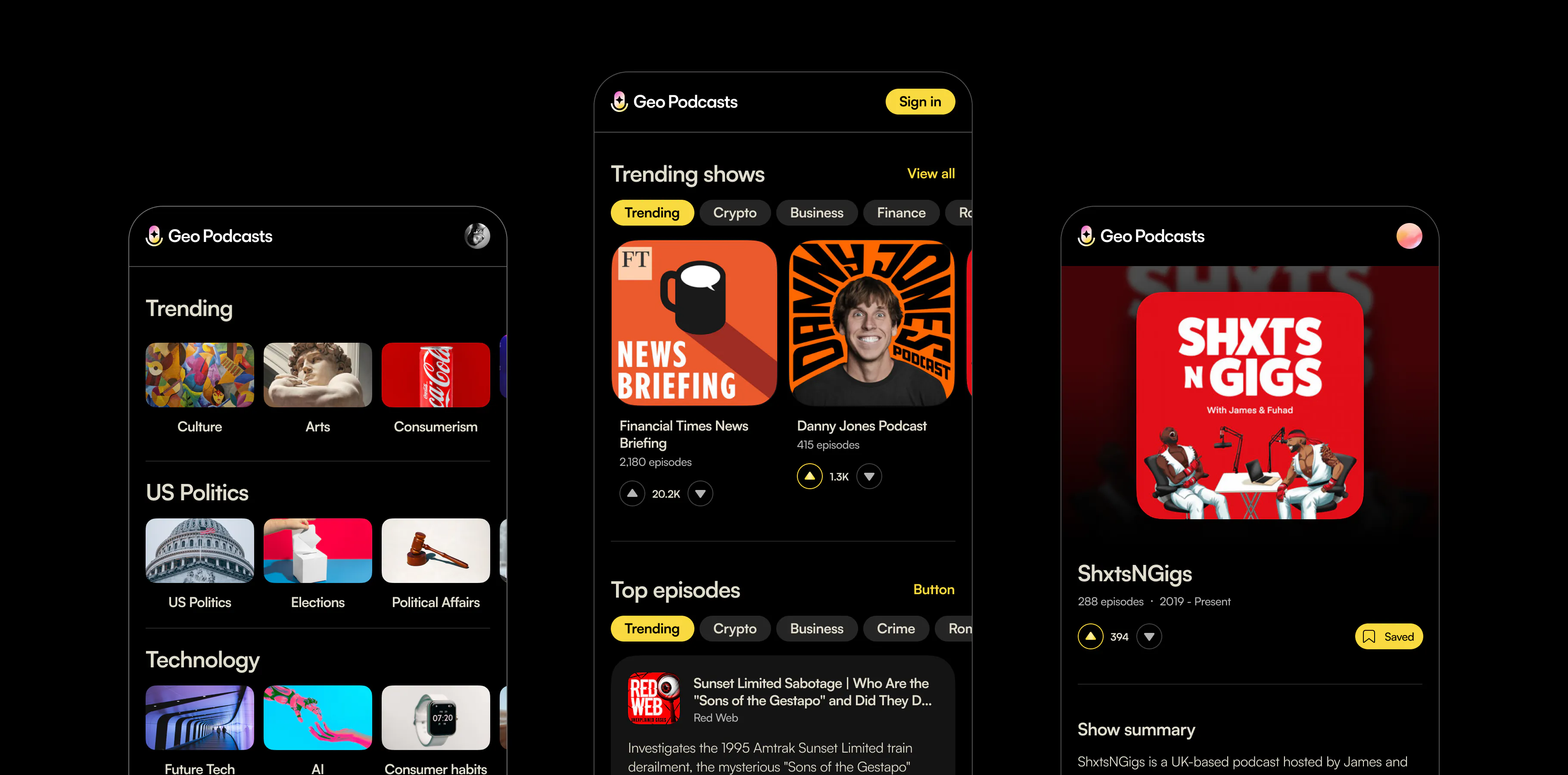 Geo Podcasts app screens showing the topic browser and player