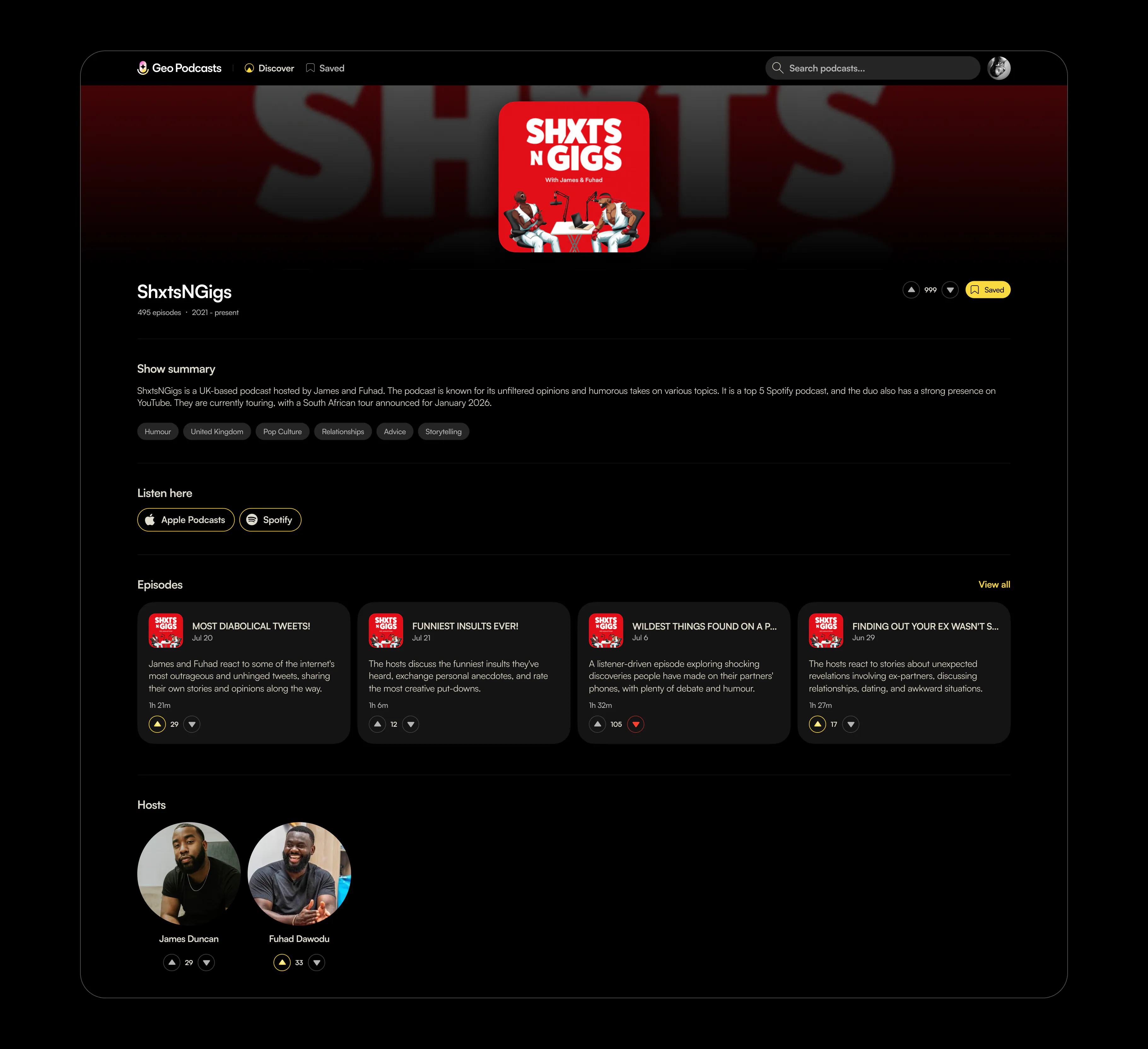 A show page for ShxtsNGigs